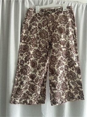 Wide-Leg Floral Print Pants in Cream and Brown - Comfortable Everyday Style